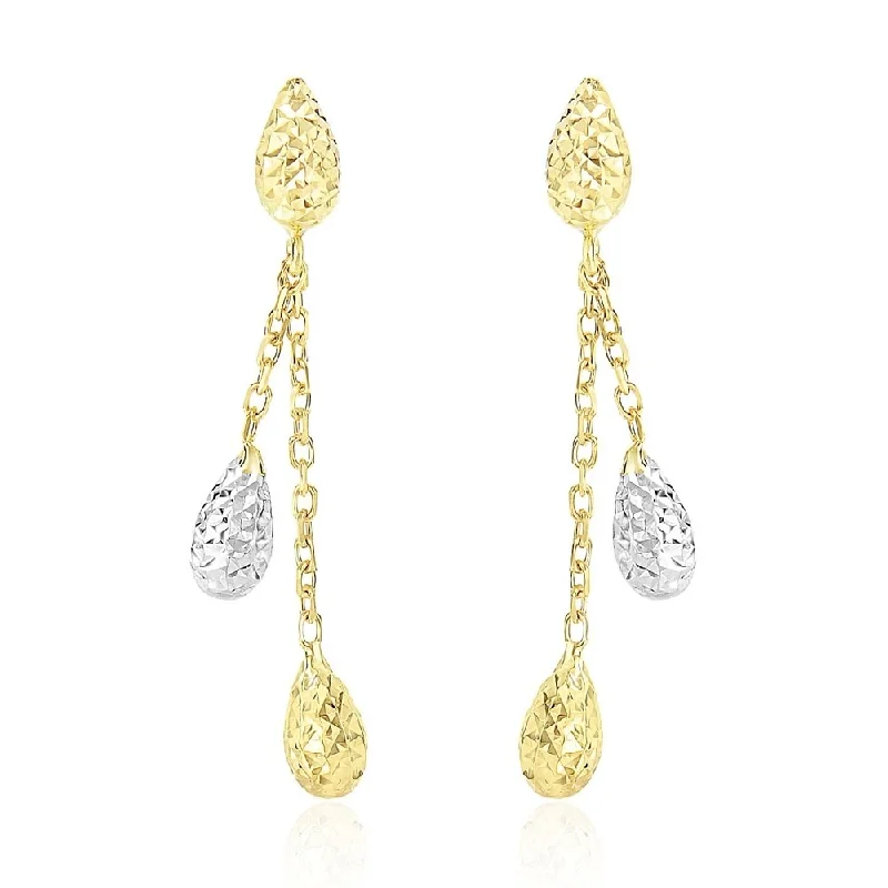 Full sapphire earrings-14k Two-Tone Gold Double Row Chain Earrings with Diamond Cut Teardrops