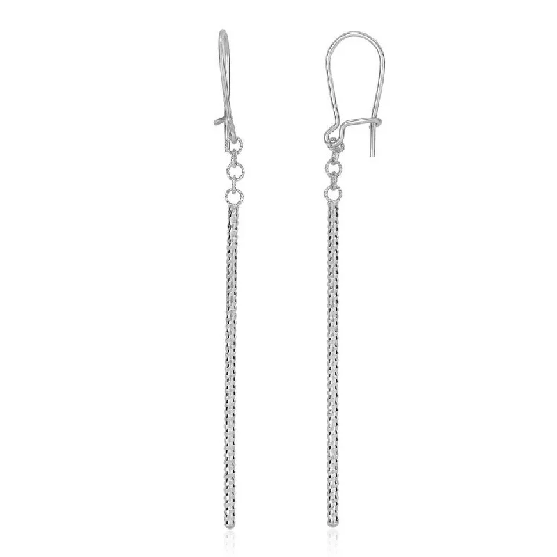 Slim diamond earrings-14k White Gold Long Bar Diamond Cut Drop Earrings