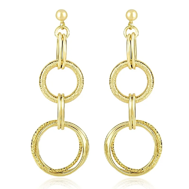 Torn rim earrings-14k Yellow Gold Dangling Earrings with Multi-Textured Entwined Circles