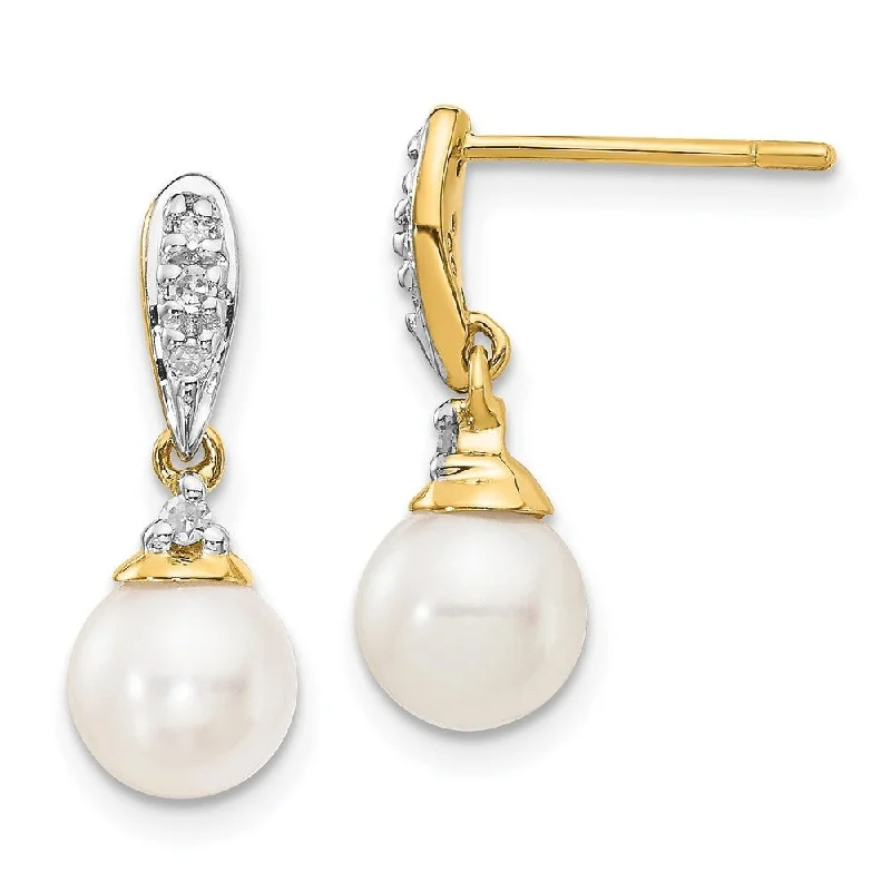 Dappled crystal earrings-14k Yellow Gold Diamond And 6-7mm Pearl Dangle Earrings (L-17 mm, W-6 mm)