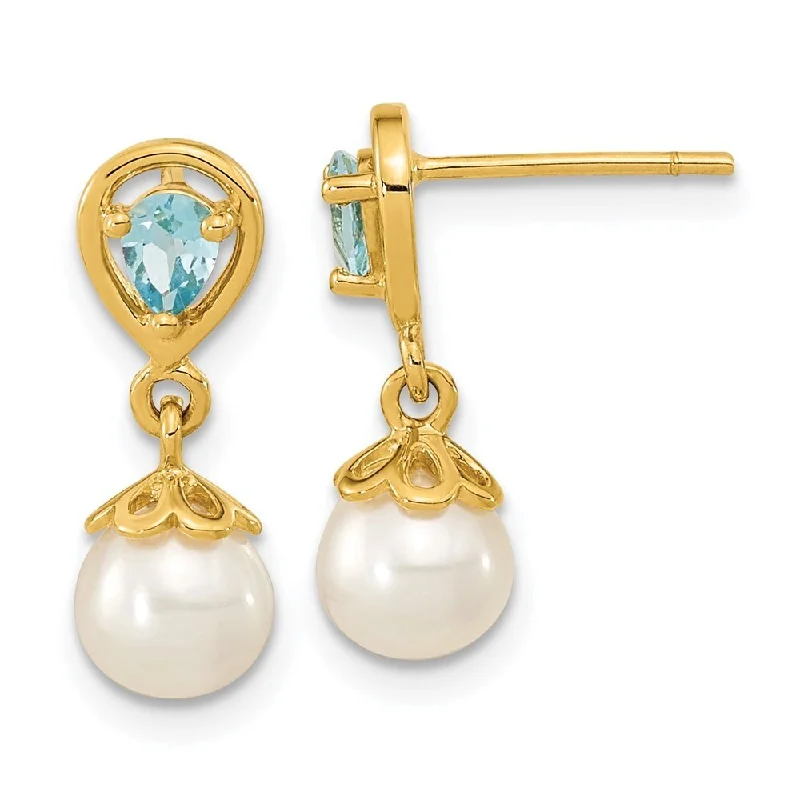 Aura earrings-14k Yellow Gold L. Swiss Blue Gemstone And FWC Pearl Dangle Earrings (L-16.85 mm, W-6.15 mm)