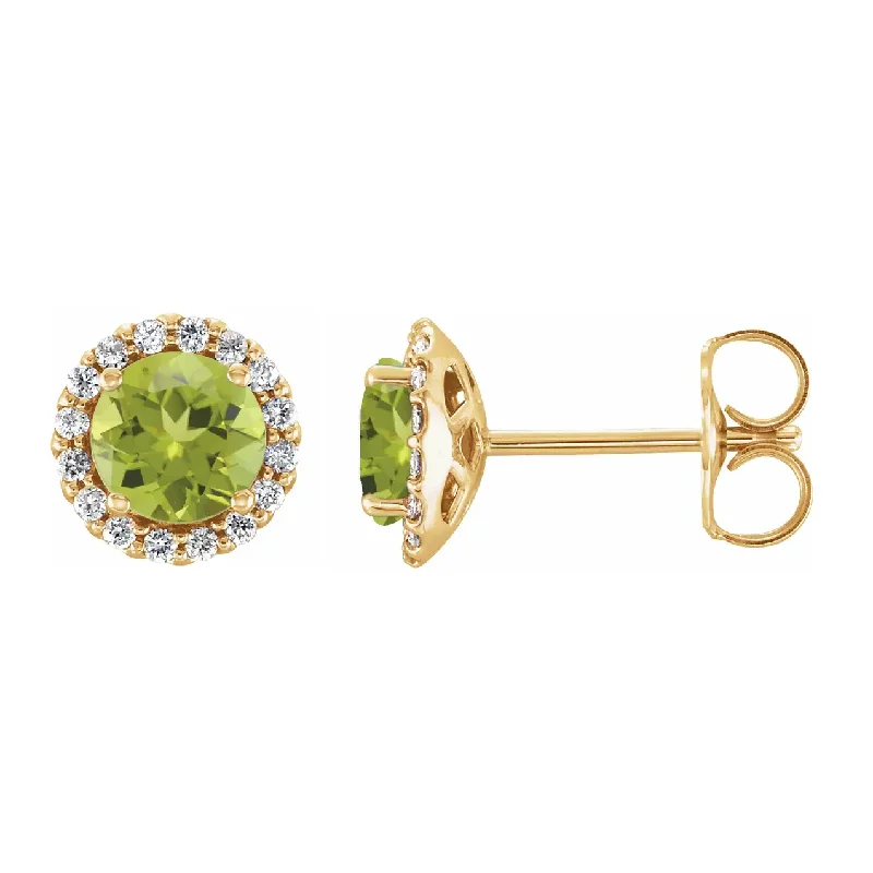 Smooth gem earrings-14K Yellow Gold Natural Green Peridot and Natural Diamond Halo Earrings