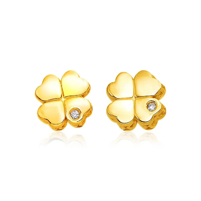 Mottled gem earrings-14k Yellow Gold Polished Four Leaf Clover Earrings with Diamonds