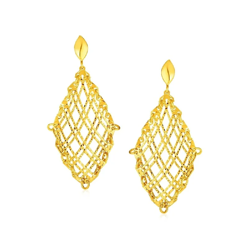 Seven-stone earrings-14k Yellow Gold Post Earrings with Open Checkerboard Pattern Dangles