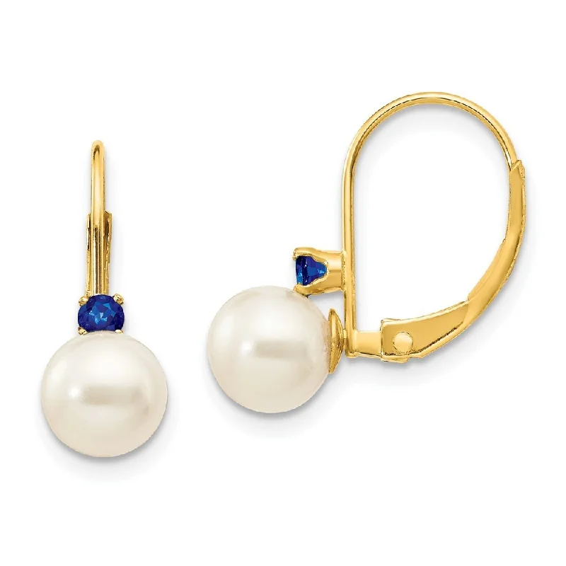 Retro topaz earrings-14k Yellow Gold White Pearl and Blue Gemstone Ear (L-15 mm, W-6 mm) .10cttw