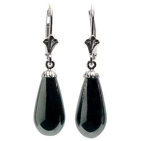 Edge-bezel earrings-16mm Black Onyx Teardrop Leverback Earrings 14K White Gold