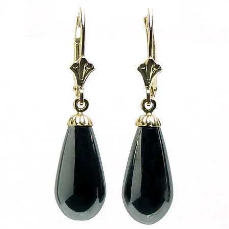 Glossy titanium earrings-16mm Black Onyx Teardrop Leverback Earrings 14K Yellow Gold