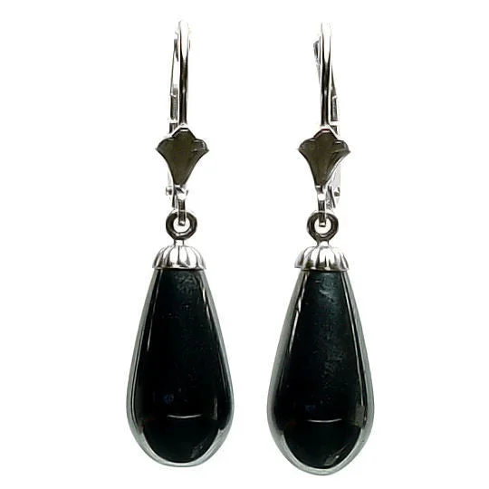 Wire-swirl earrings-16mm Black Onyx Teardrop Leverback Earrings 925 Silver