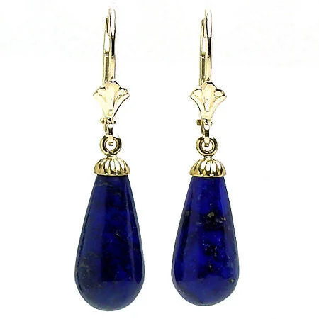 Rolling tide earrings-16mm Lapis Lazuli Teardrop Leverback Earrings 14K Gold