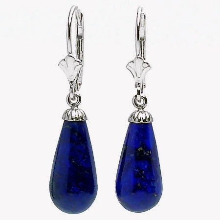 Retro topaz earrings-16mm Lapis Lazuli Teardrop Leverback Earrings 14K White Gold