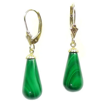 Slim diamond earrings-16mm Malachite Teardrop Leverback Earrings 14-20 Gold Filled