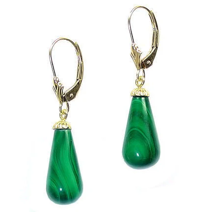 Polished zinc earrings-16mm Malachite Teardrop Leverback Earrings Yellow 14K Gold