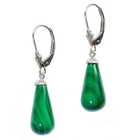 Eight-heart earrings-16mm Malachite Teardrop Leverback Earrings 14K White Gold