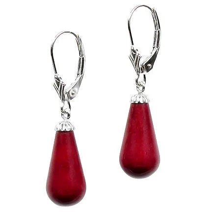 Hovering gem earrings-16mm Red Coral Teardrop Leverback Earrings 14K White Gold