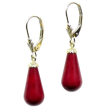 Icy aquamarine earrings-16mm Red Coral Teardrop Leverback Earrings 14K Yellow Gold