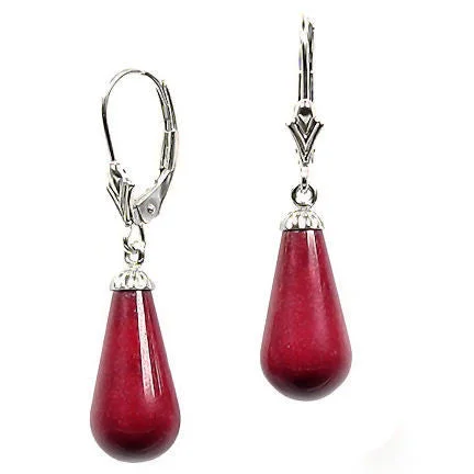 Summit stone earrings-16mm Red Coral Teardrop Leverback Earrings 925 Silver