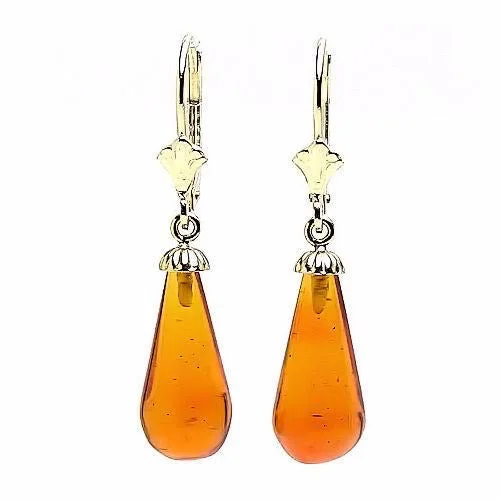 Hand-etched earrings-16mm Russian Baltic Amber Teardrop Leverback Earrings 14/20 GF