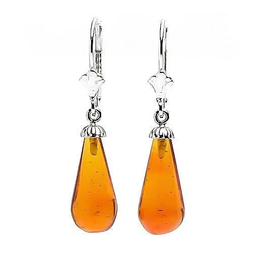 Shiny platinum earrings-16mm Russian Baltic Amber Teardrop Leverback Earrings 14K White Gold