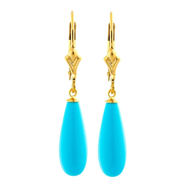 Flecked glaze earrings-16mm Turquoise Teardrop Leverback Earrings 14-20 Gold Filled