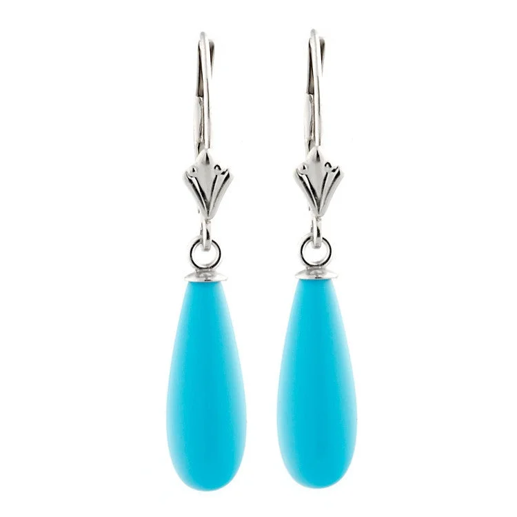 Open-frame earrings-16mm Turquoise Teardrop Leverback Earrings 14K White Gold