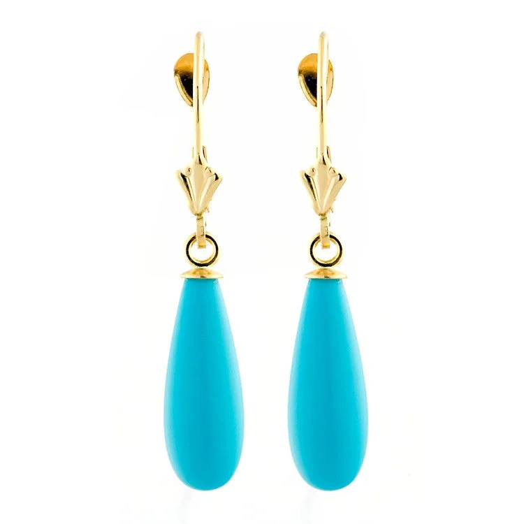 High-dome cabochon earrings-16mm Turquoise Teardrop Leverback Earrings 14K Yellow Gold