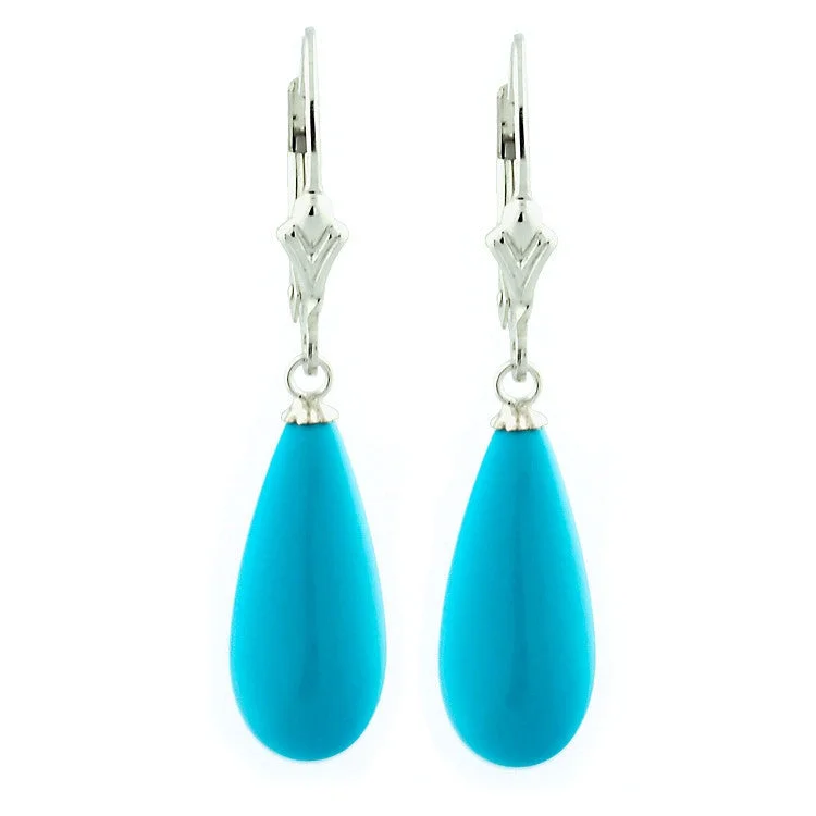 Curved stone earrings-18mm Sleeping Beauty Teardrop Turquoise Lever Back Earrings 925 Silver