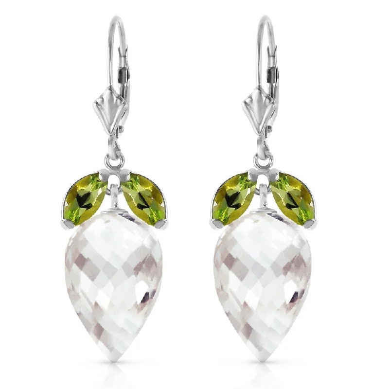 Edge-bezel earrings-25.5 Carat 14K Solid White Gold Earrings Peridot Briolette White Topaz