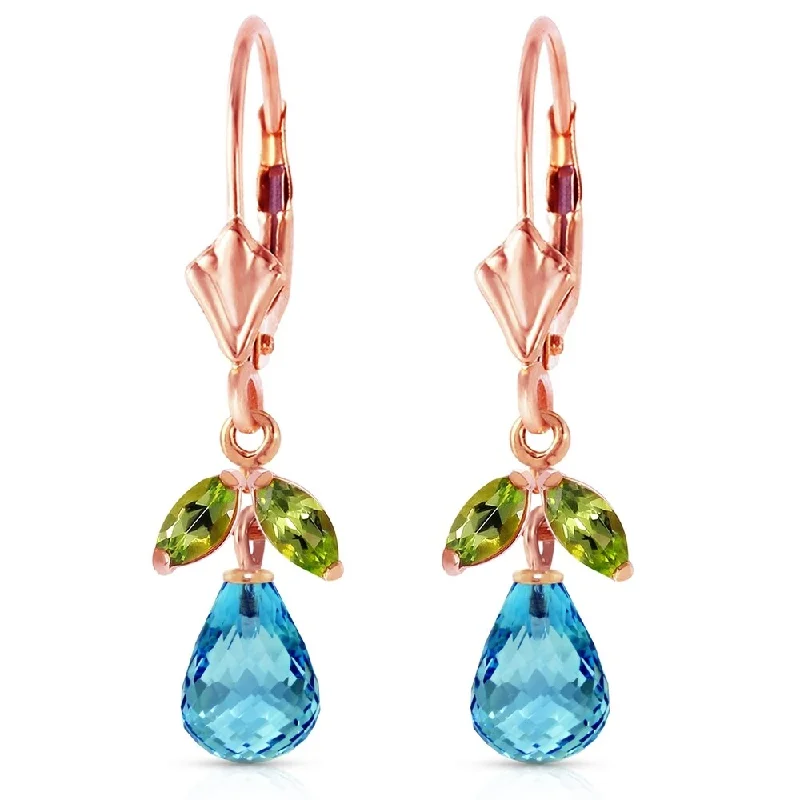 Drifting diamond earrings-3.4 Carat 14K Solid Rose Gold Leverback Earrings Blue Topaz Peridot