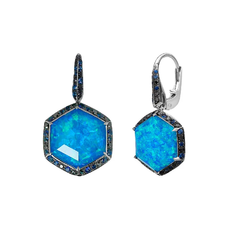 Clean-cut earrings-Blue Sapphire & Black Opalescent & Black Diamond Earrings