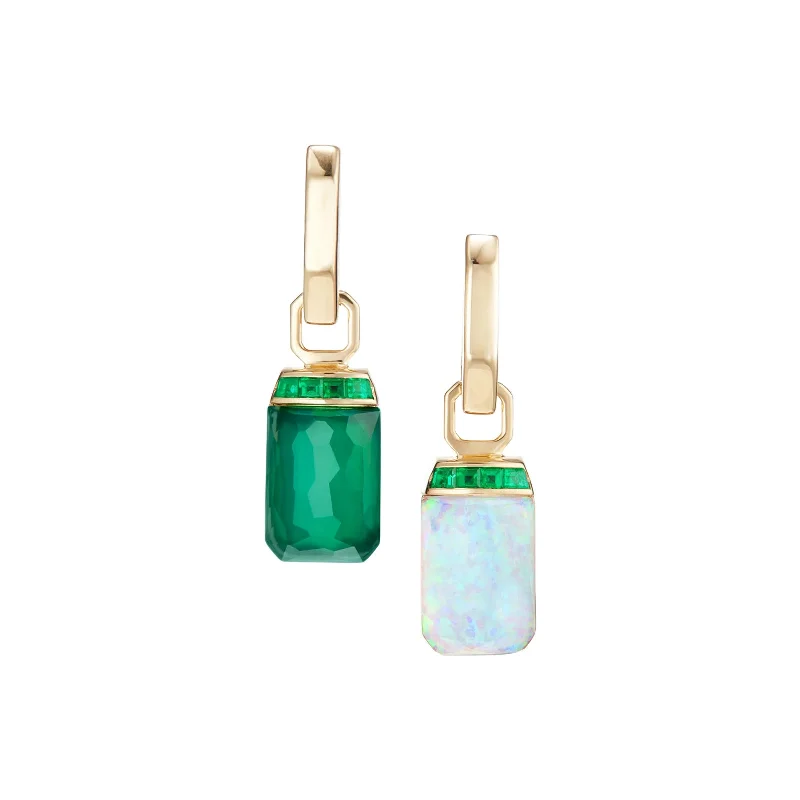 Classic ruby earrings-Crystal Haze Tablet Twister Earrings in White Opalescent and Green Agate with Emeralds