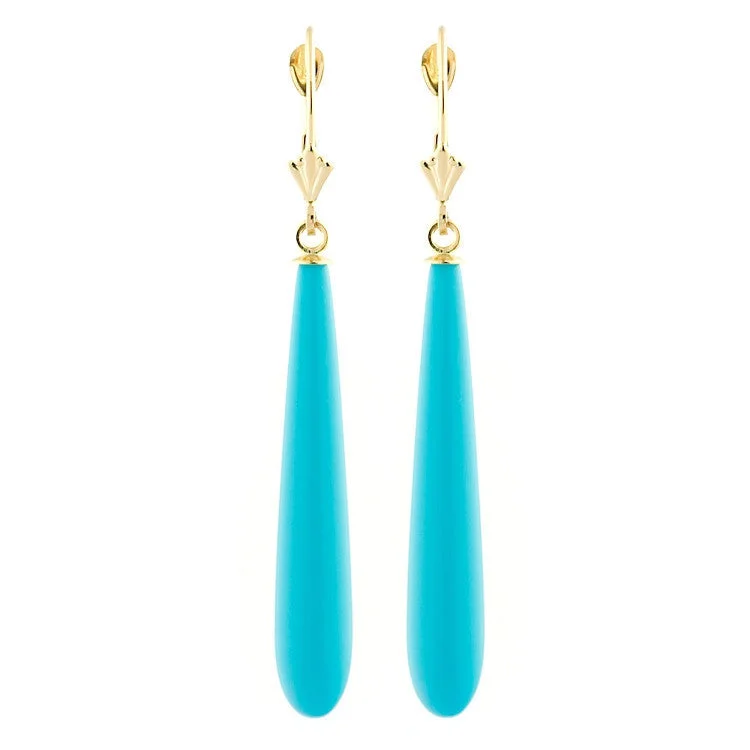 Lush garnet earrings-35mm Turquoise Teardrop Lever Back Earrings 14K Yellow Gold