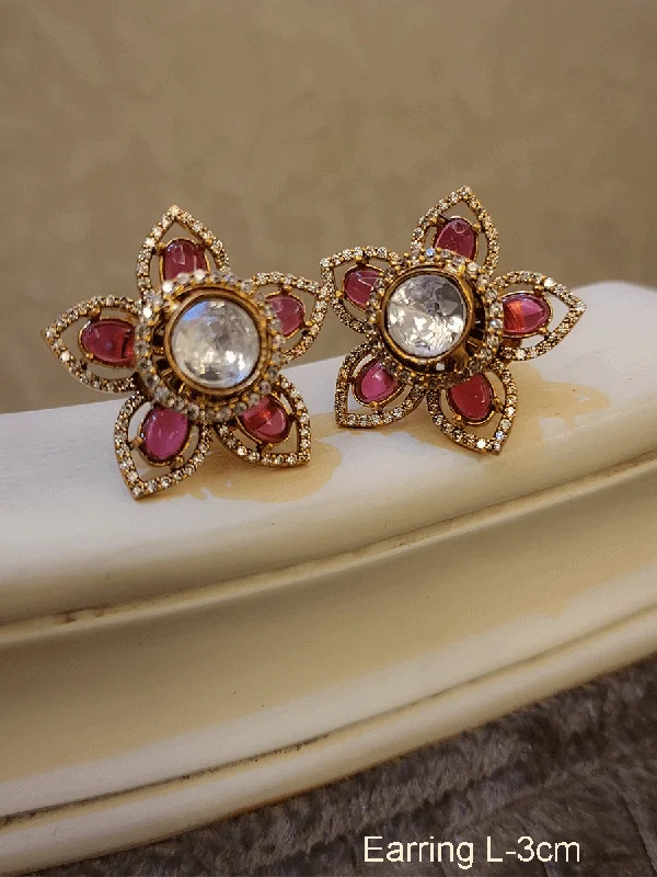 Tiered hoop earrings-3cm flower design zircon studded kundan center coloured stones studs