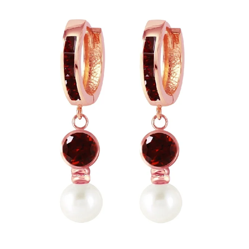 Smelted gold earrings-4.3 Carat 14K Solid Rose Gold Huggie Earrings pearl Garnet