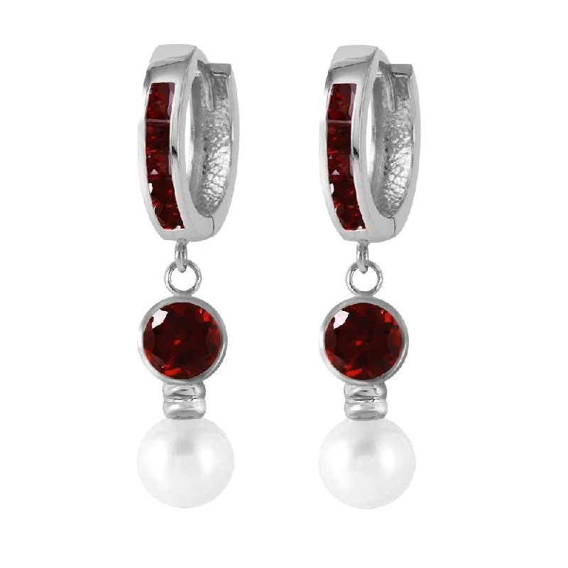 Rounded gem earrings-4.3 Carat 14K Solid White Gold Huggie Earrings pearl Garnet