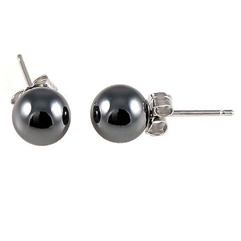 Piled birthstone earrings-4mm Black Hematine Ball Stud Earrings 14K White