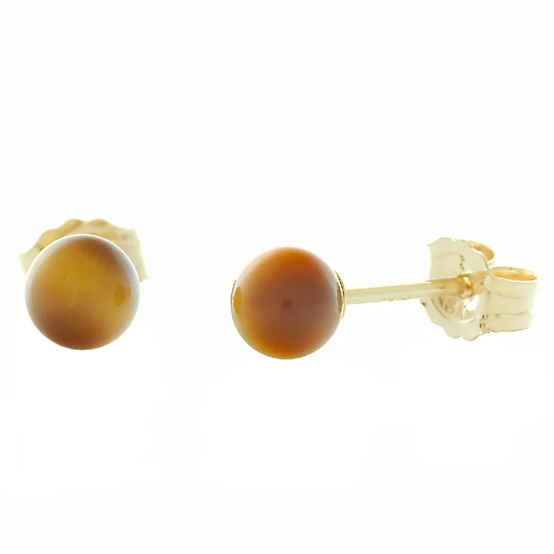 Faded rim earrings-4mm Tigers Eye Ball Stud Earrings 14K Yellow Gold