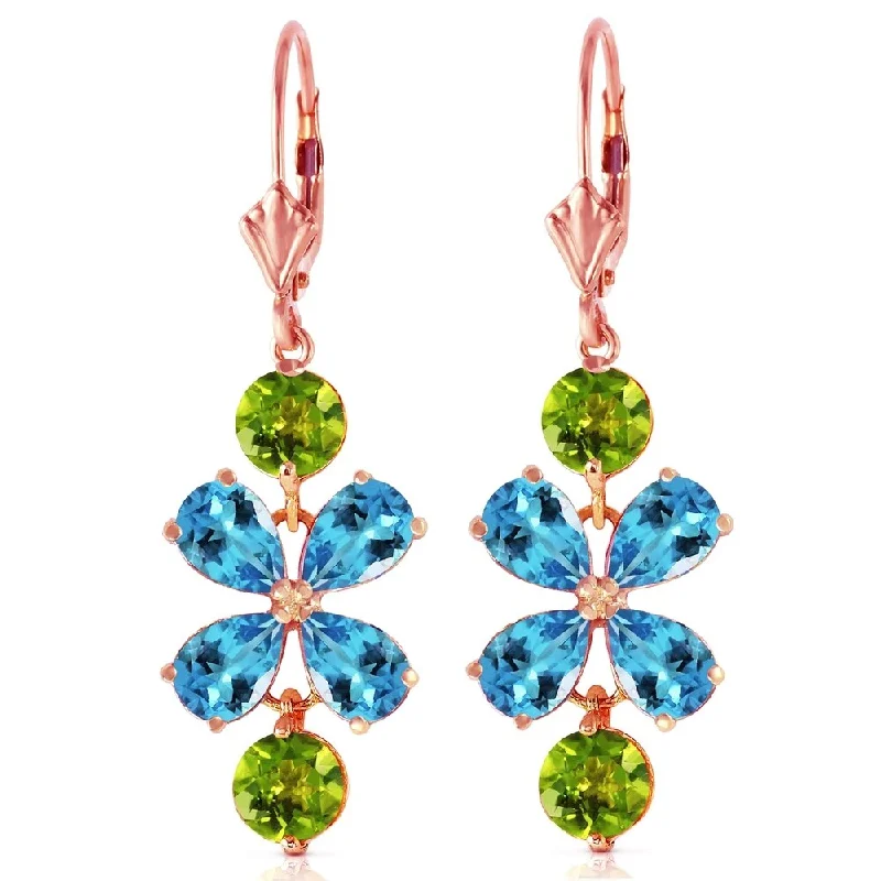 Embossed pattern earrings-5.32 CTW 14K Solid Rose Gold Flower Blue Topaz Peridot Earrings