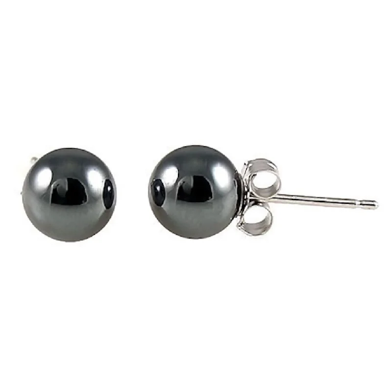 Natural sapphire earrings-6mm Black Hematine Ball Stud Earrings 14K White