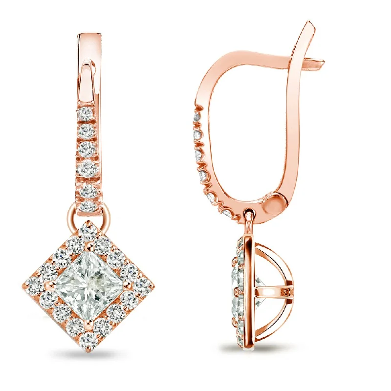 Plaited earrings-Auriya 1/2ctw Princess-cut Halo Diamond Dangle Earrings 14k Rose Gold