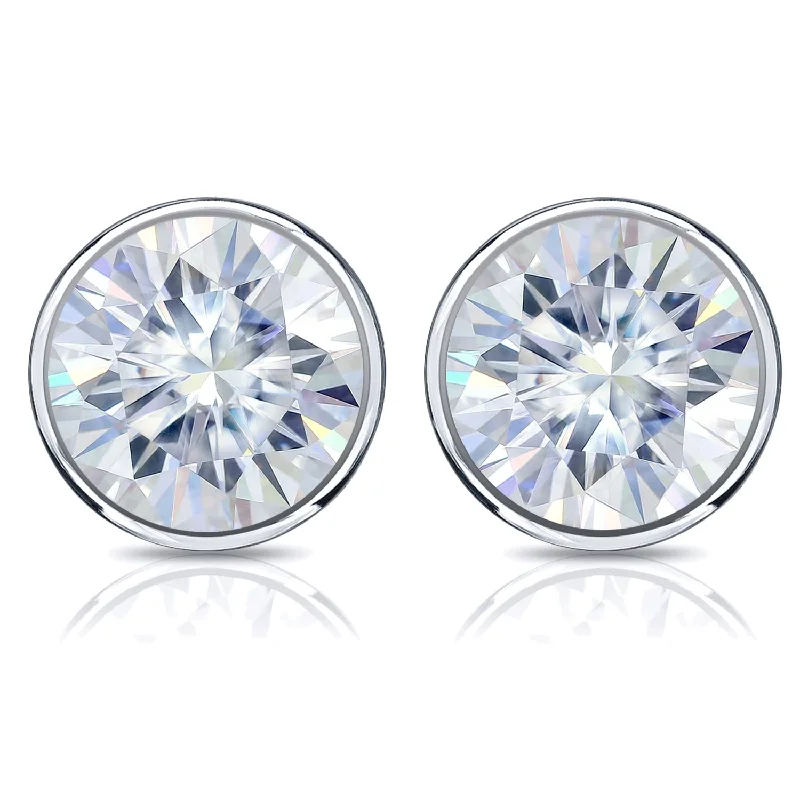 Channeled design earrings-Auriya Platinum 3 1/2ctw Bezel-set Round Moissanite Stud Earrings - 7.8 mm