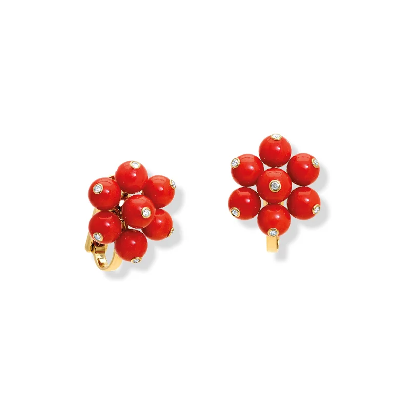 Smooth edge earrings-Cavolfiore Earrings 18ct Yellow Gold - Red Coral & Diamond