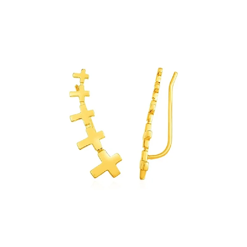 Elastic stone earrings-Climber Earrings with Crosses in 14k Yellow Gold