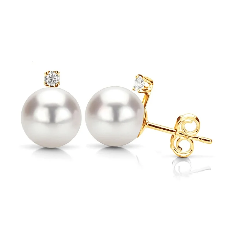 Twisted coil earrings-DaVonna 14k Gold with .10tcw Diamond White Akoya Pearl Stud Earrings 7-7.5mm