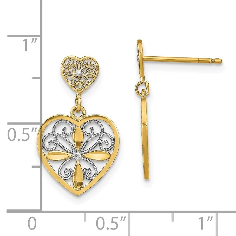 Light braid earrings-Diamond2Deal 14K Yellow Gold RH Flower and Heart Beaded Filigree Dangle Earrings (L-19 mm, W-11 mm)