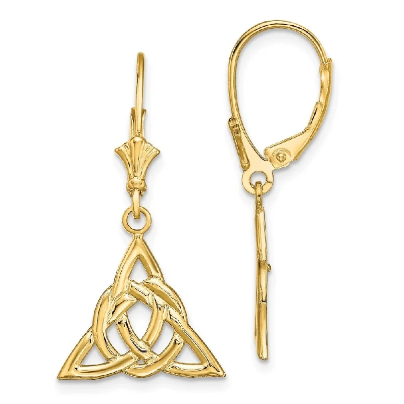 High-dome cabochon earrings-Diamond2Deal 14K Yellow Gold Small Celtic Trinity Knot Earrings with Leverback (L-31.35 mm, W-16 mm)