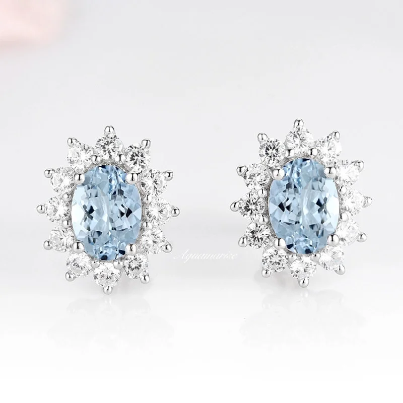 Thirteen-gem earrings-Diana Halo Oval Aquamarine Stud Earrings- Sterling Silver