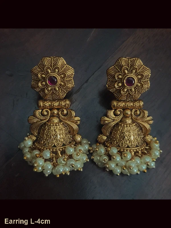 Aura earrings-Flower top with ruby stone 4cm long half jhoomki earrings with beaded frill