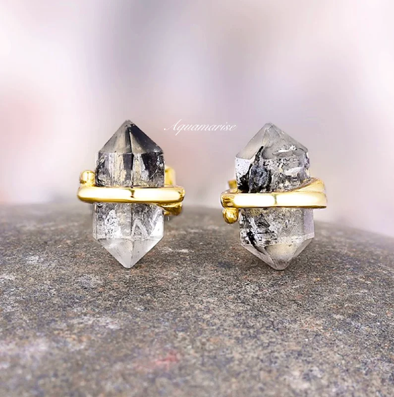 Pointed stone earrings-Galaxy Raw Salt & Pepper (Herkimer) Diamond Stud Earrings- 14K Yellow Gold Vermeil