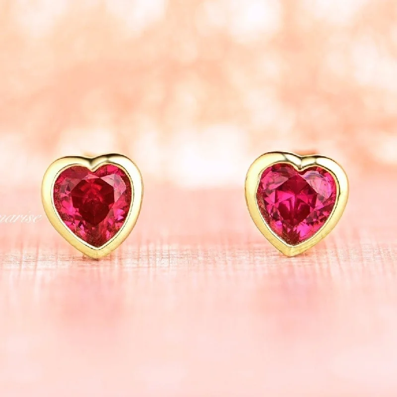 Hand-etched earrings-Heart Ruby Earrings- 14K Yellow Gold Vermeil