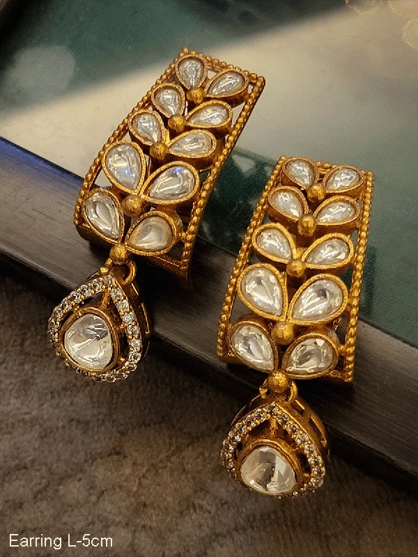 Slim diamond earrings-Leaf shaped kundan half bali with tear drop kundan drop 5cm long earrings